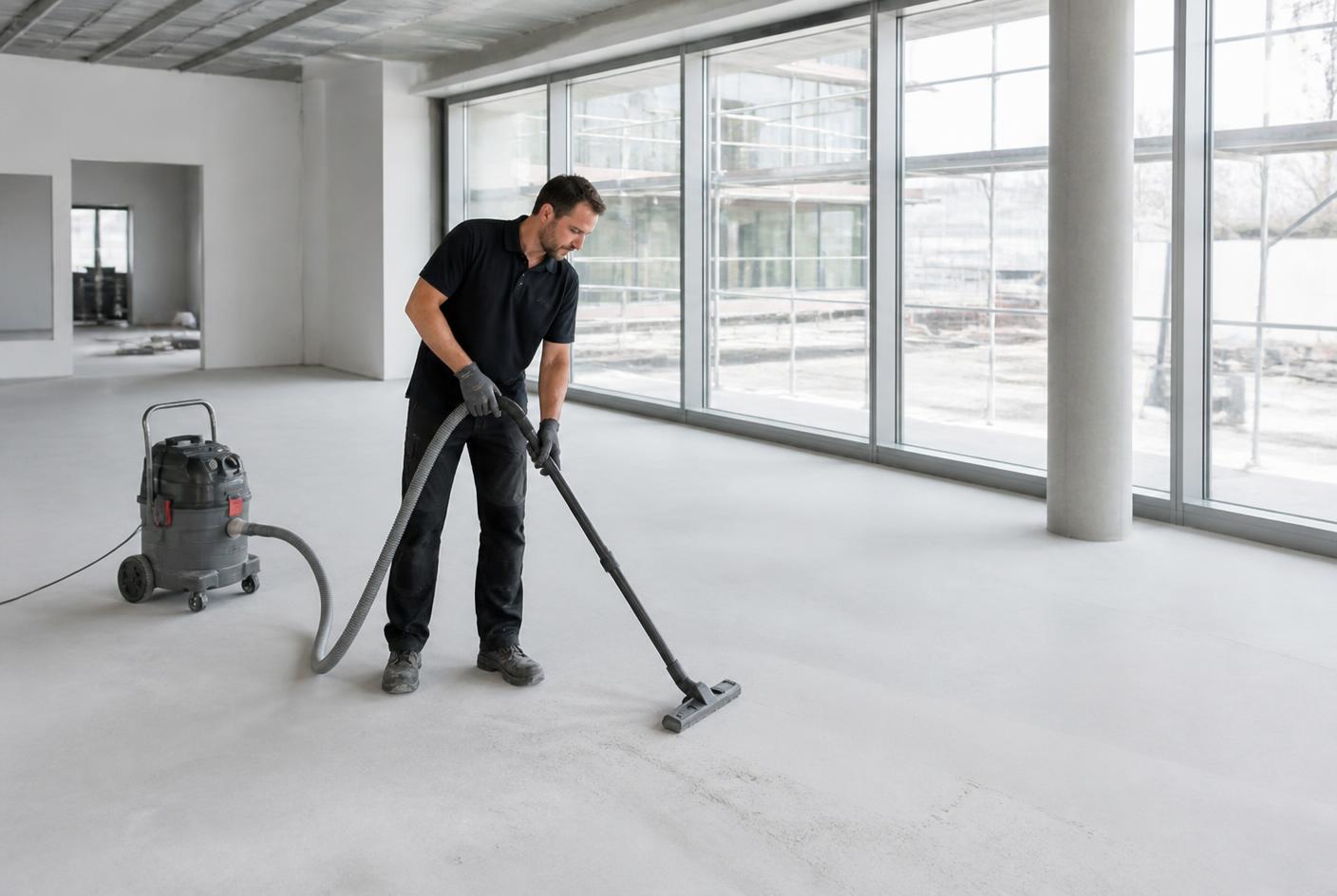 Reinigungskraft von Clean Advance bei der Bauendreinigung in einem neu fertiggestellten Gewerbeobjekt