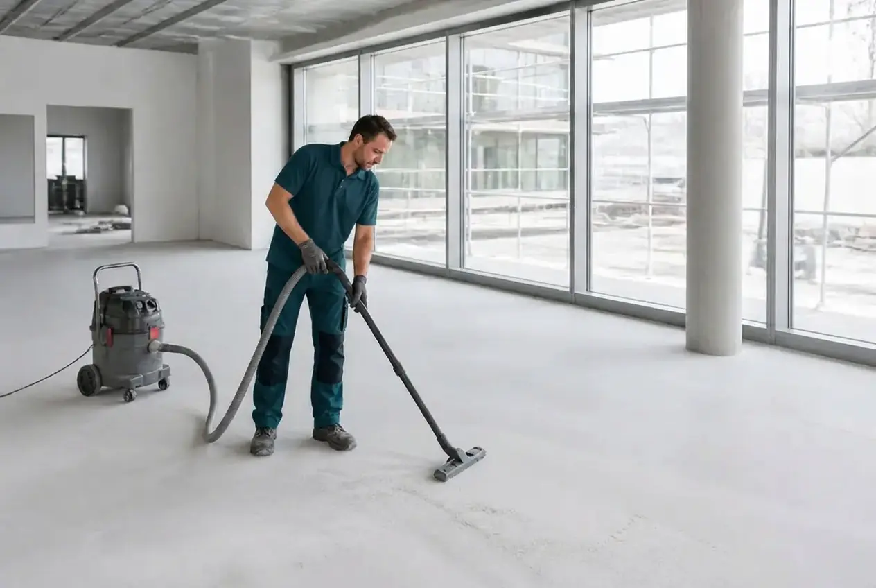 Reinigungskraft von Clean Advance bei der Bauendreinigung in einem neu fertiggestellten Gewerbeobjekt