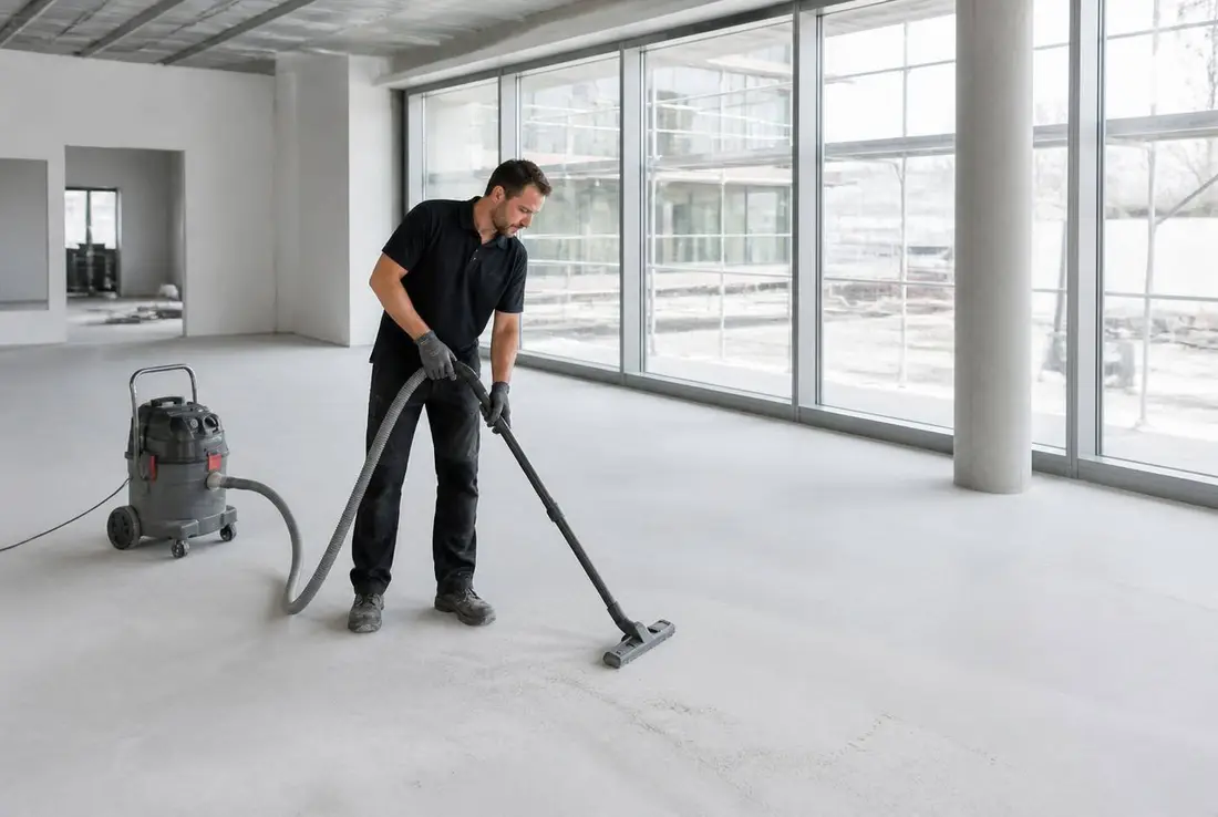 Reinigungskraft von Clean Advance bei der Bauendreinigung in einem neu fertiggestellten Gewerbeobjekt