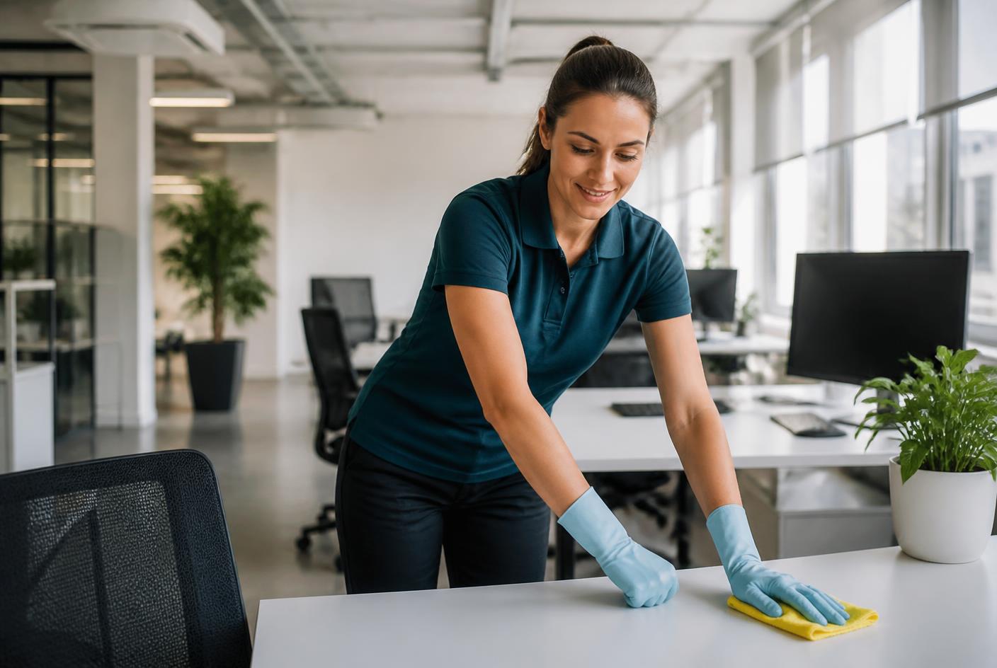 Reinigungskraft von Clean Advance reinigt einen Schreibtisch in einem modernen Büro in Lüdenscheid