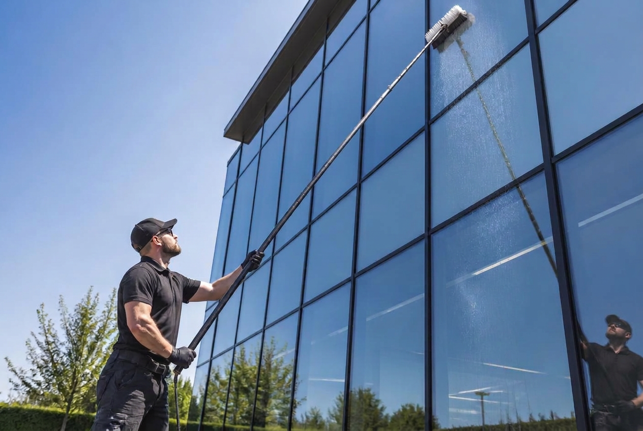 Glasreiniger reinigt eine Glasfassade eines Bürogebäudes mit einer Teleskopstange und Osmoseanlage