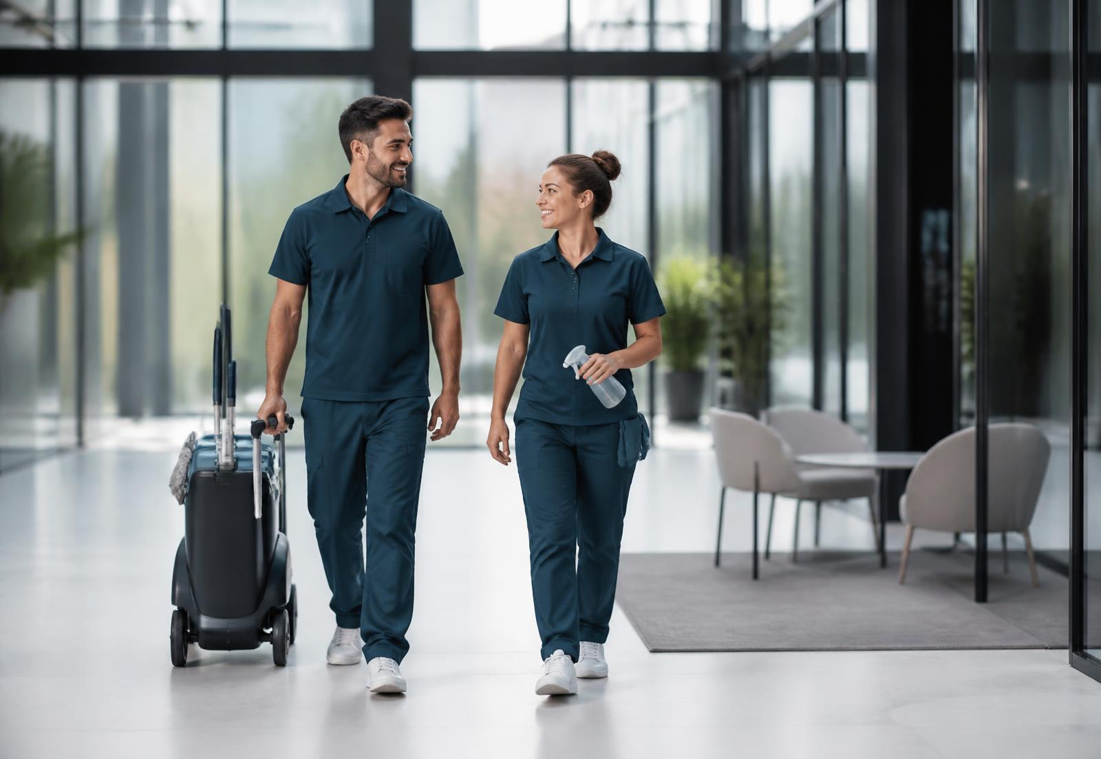Team von Clean Advance in Arbeitskleidung im Eingangsbereich eines modernen Bürogebäudes in Lüdenscheid