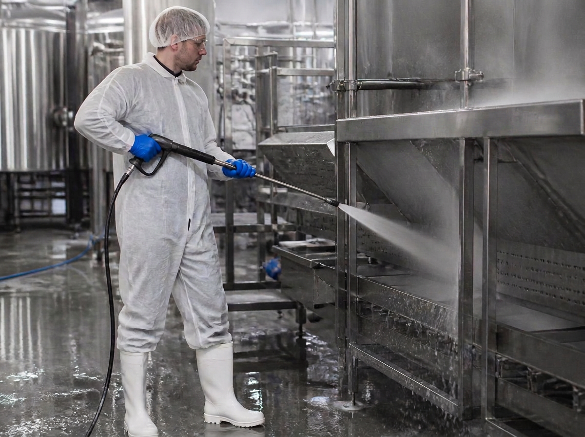Hygienische Anlagenreinigung in einem Produktionsbetrieb der Lebensmittelindustrie