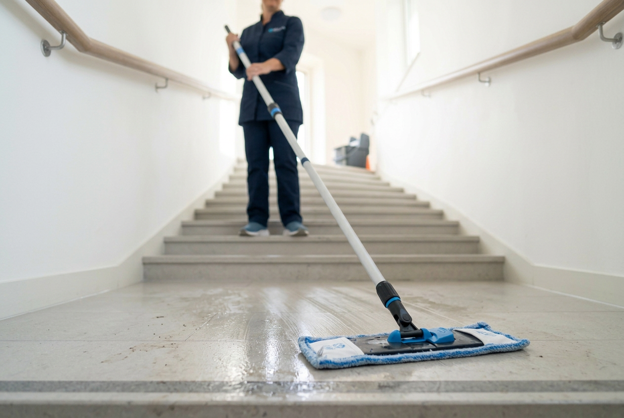 Reinigungskraft von Clean Advance wischt die Stufen eines Treppenhauses mit einem Wischmopp