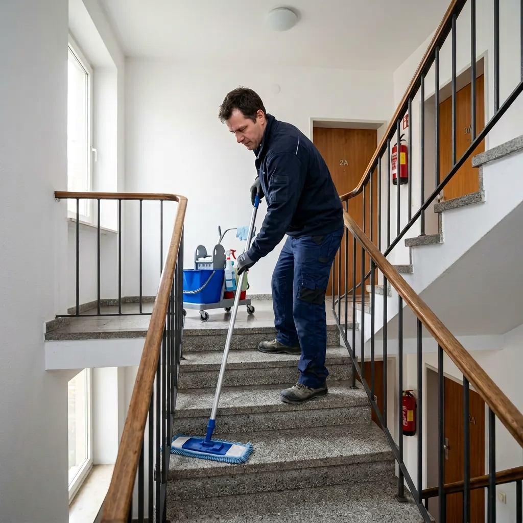 Reinigungskraft von Clean Advance wischt die Stufen eines Treppenhauses mit einem Wischmopp