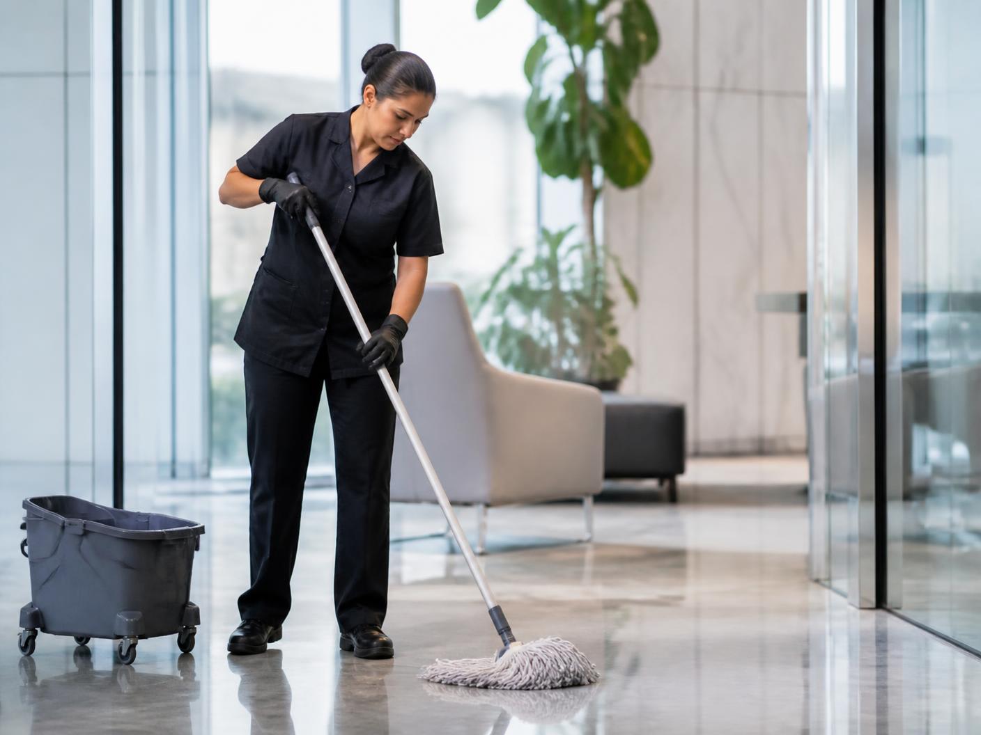 Reinigungskraft von Clean Advance bei der Unterhaltsreinigung in einem Gewerbeobjekt