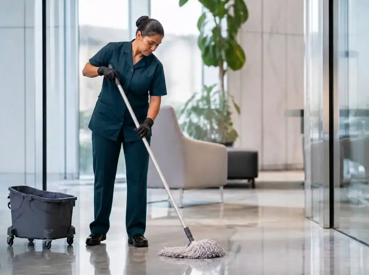 Reinigungskraft von Clean Advance bei der Unterhaltsreinigung in einem Gewerbeobjekt
